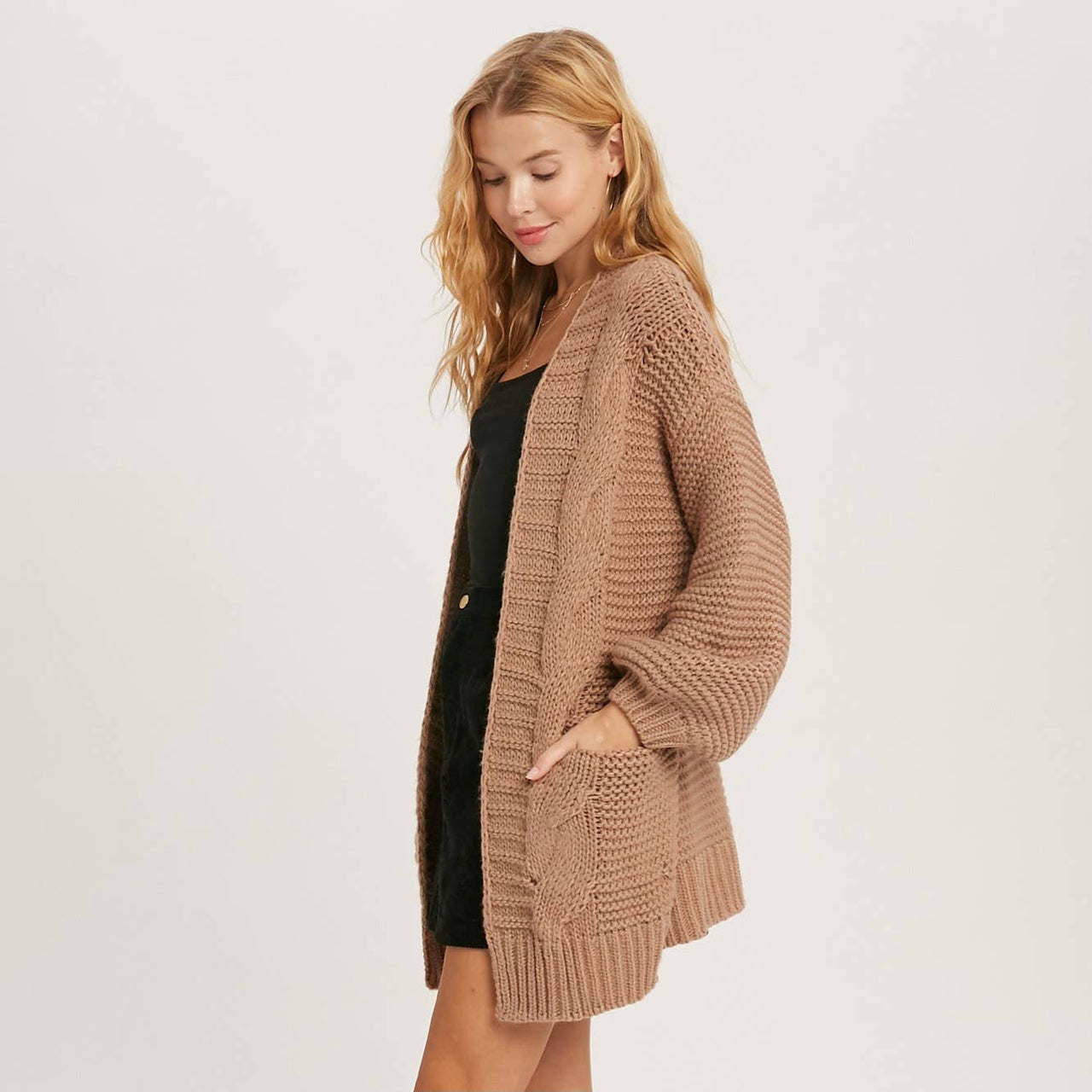 CHUNKY CABLE LANTERN SLEEVE CARDIGAN