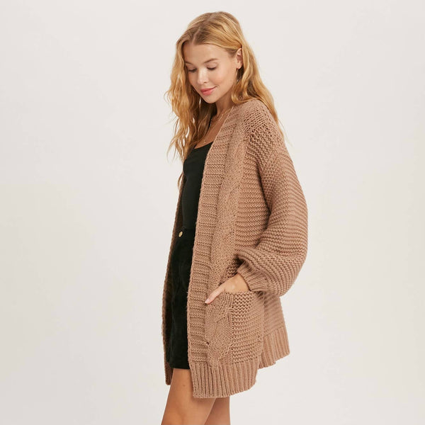 CHUNKY CABLE LANTERN SLEEVE CARDIGAN