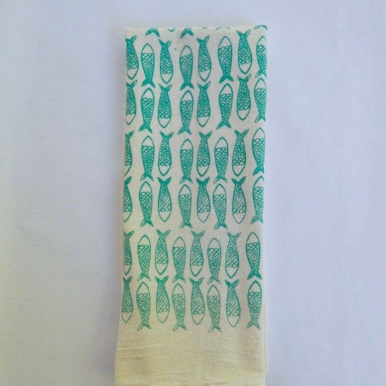 Fish Handprinted Tea Towel - Turquoise