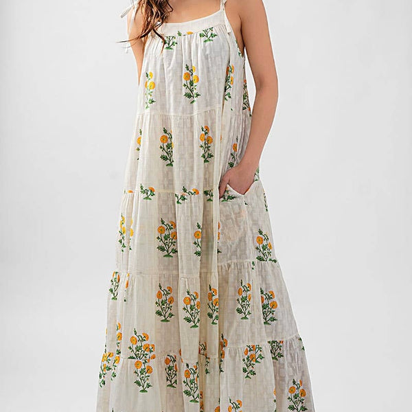 Orange Blossom Tiered Maxi Dress with Hidden Pockets