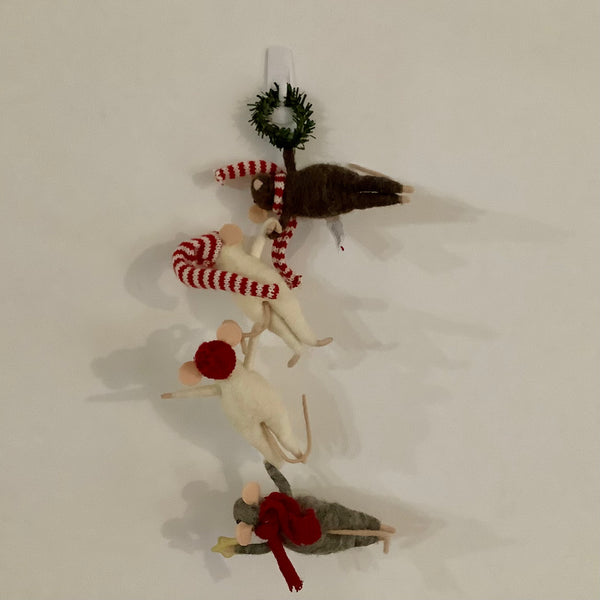 Handmade Wool Felt Mice Hanging From Wreath Ornament