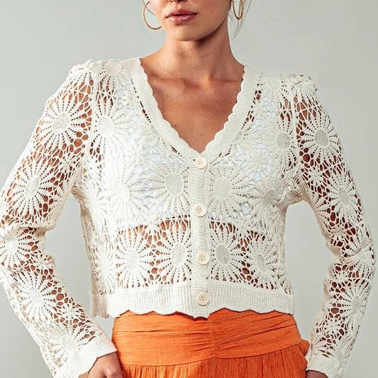 Romantic Floral Crochet Button Down Spring Cropped Cardigan
