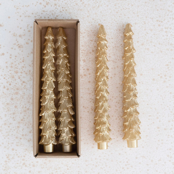 10” Tree Shaped Taper Candle Set - Gold