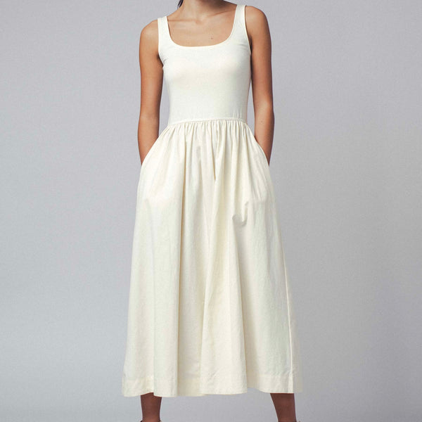 Elegant Square Neck Cotton Blend Gathered Waist Midi Dress