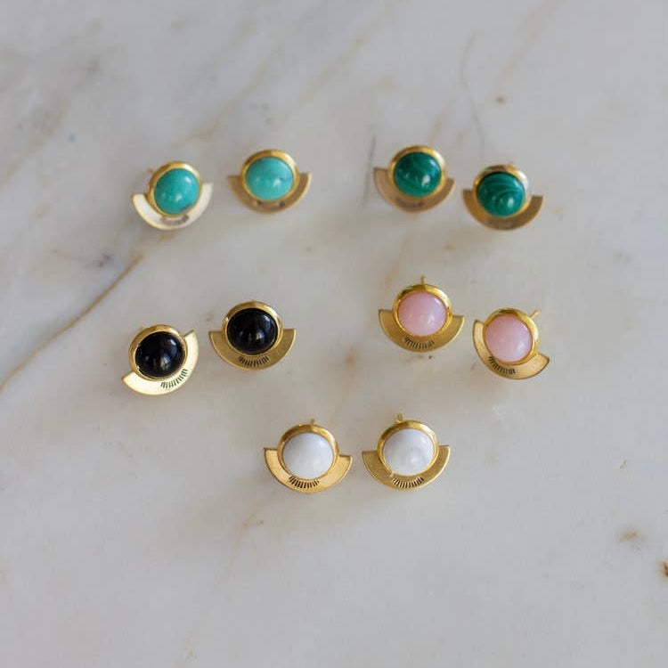 Gold Petite Hemisphere Studs: Malachite