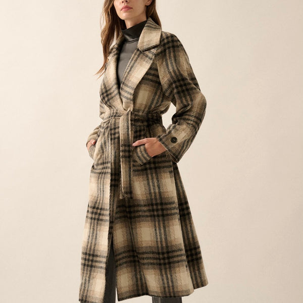 Plaid Belted Open-Front Trench Coat