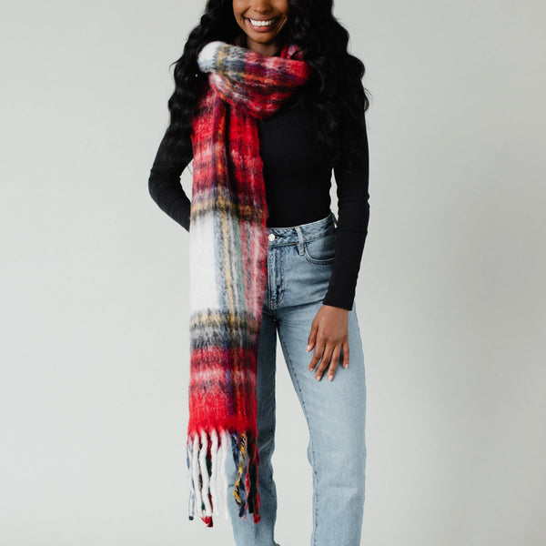 Red & Multicolored Plaid Long Scarf with Fringe