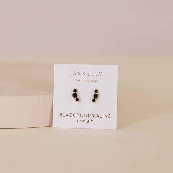 Crescent Gold Earrings - Black Tourmaline