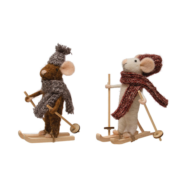 Wool Felt Skiing Mouse w/ Knit Hat & Scarf Ornament