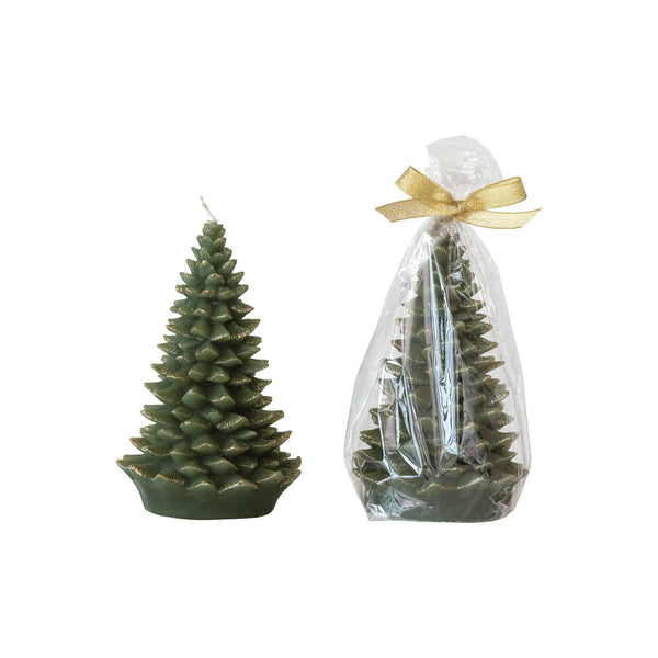 7” Tree Shaped Candle with Gold Tips - Evergreen