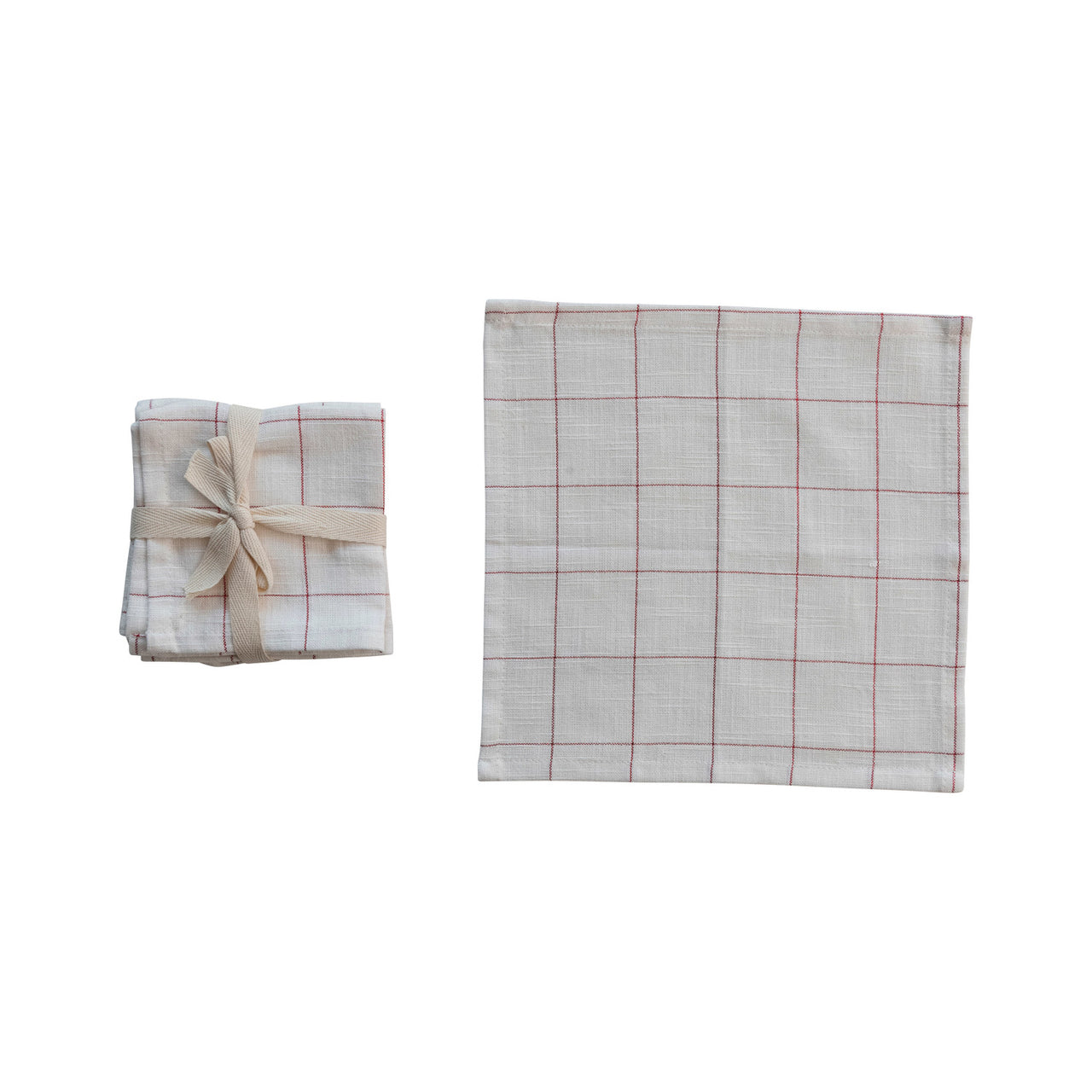 Cotton Cocktail Napkins w/ Grid Pattern & Metallic Red Thread, Set of 4