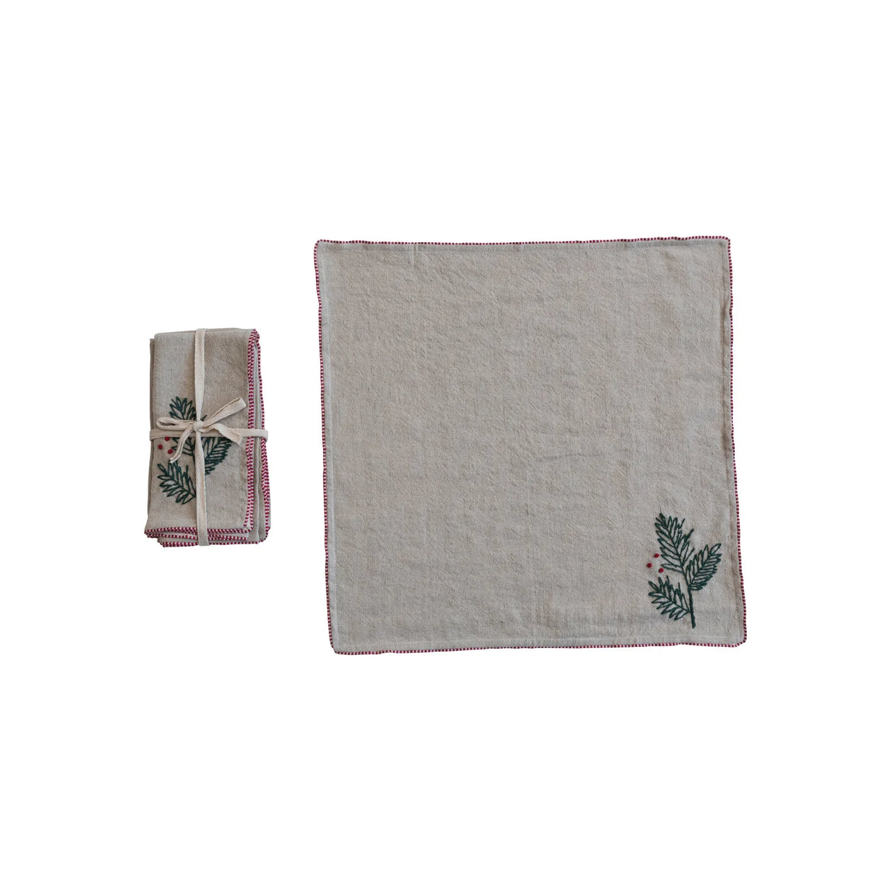 Cotton & Linen Napkins w/ Hand-Embroidered Holly & French Knots, Set of 4