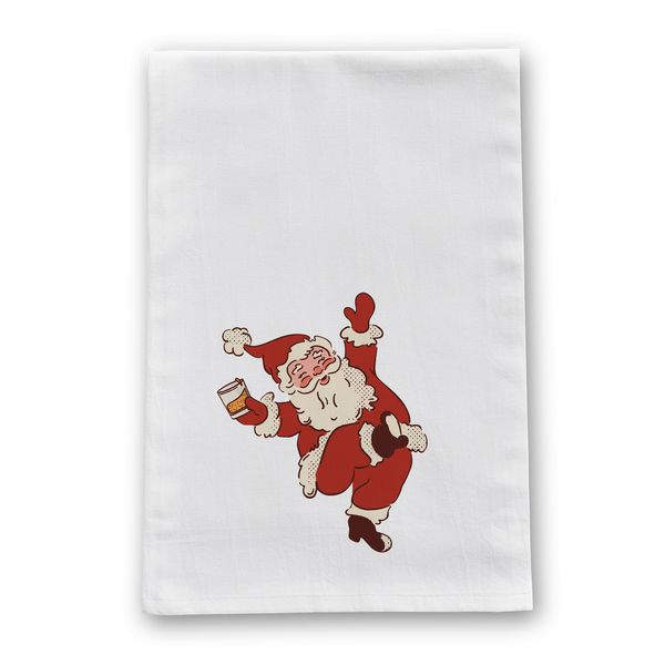 Santa Holding Bourbon Glass Tea Towel