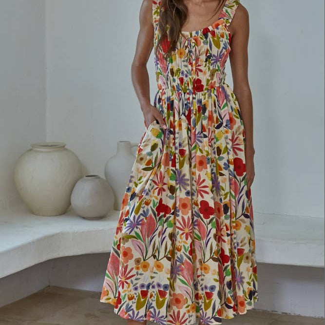 Woven Cotton Rayon Floral Print Sleeveless Dress