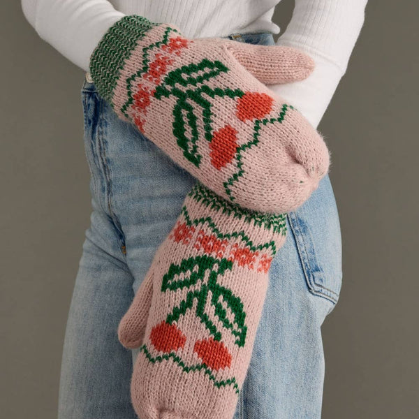 Lt. Pink Cherry Pattern Mittens