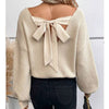 V-neck Knit Sweater with Back Tie - Beige