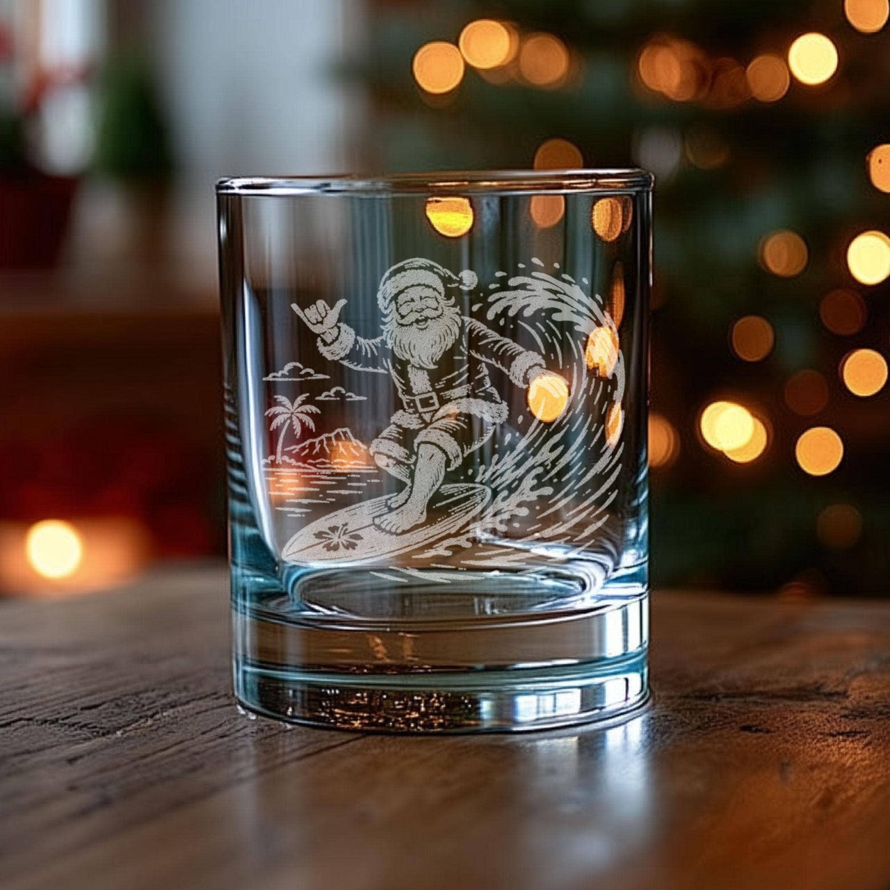 Santa Surfing Engraved Old Fashioned Glass
