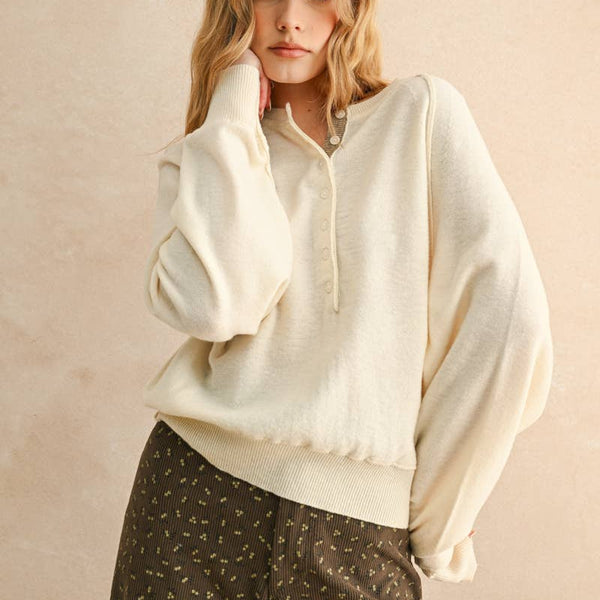 Half Button Front Long Sleeve Sweater - Cream/Cappuchino