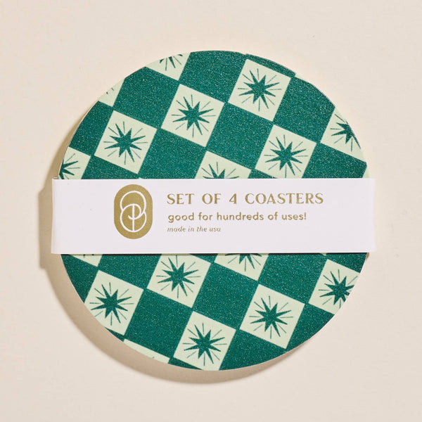 Green Checkered Star Coasters - Set of 4