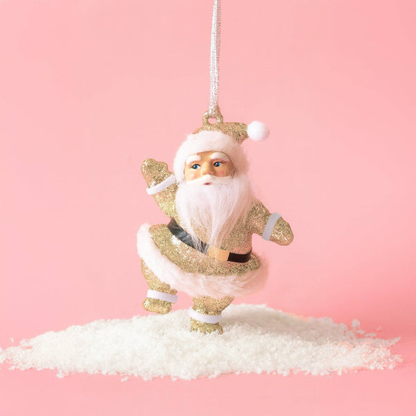 Retro Glitter Dancing Santa Ornament - Gold Sparkle