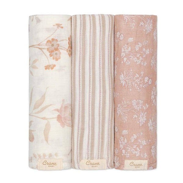 Violet Floral 100% Cotton Muslin Swaddle Blankets - Set of 3