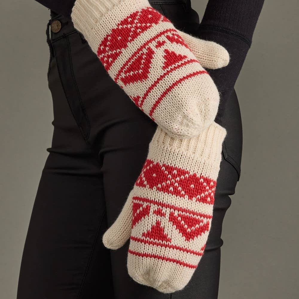 Cream & Red Patterned Mittens