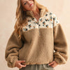 Half Zip Floral Print Contrast Sherpa Pullover -  Tan/Green