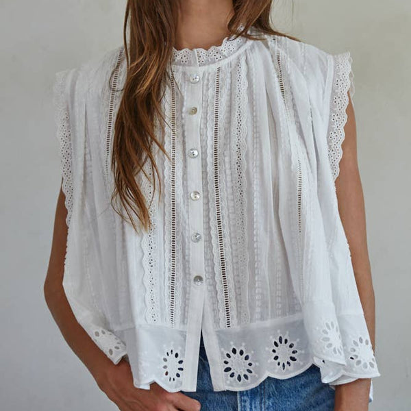 Woven Cotton Eyelet Buttondown Sleeveless Top