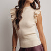 Ruffle Sleeve Rib Knit Top - Cream