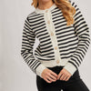 Faux Pearl Button Down Striped Cardigan - Black