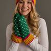 Green, White & Mustard Heart Design Mittens