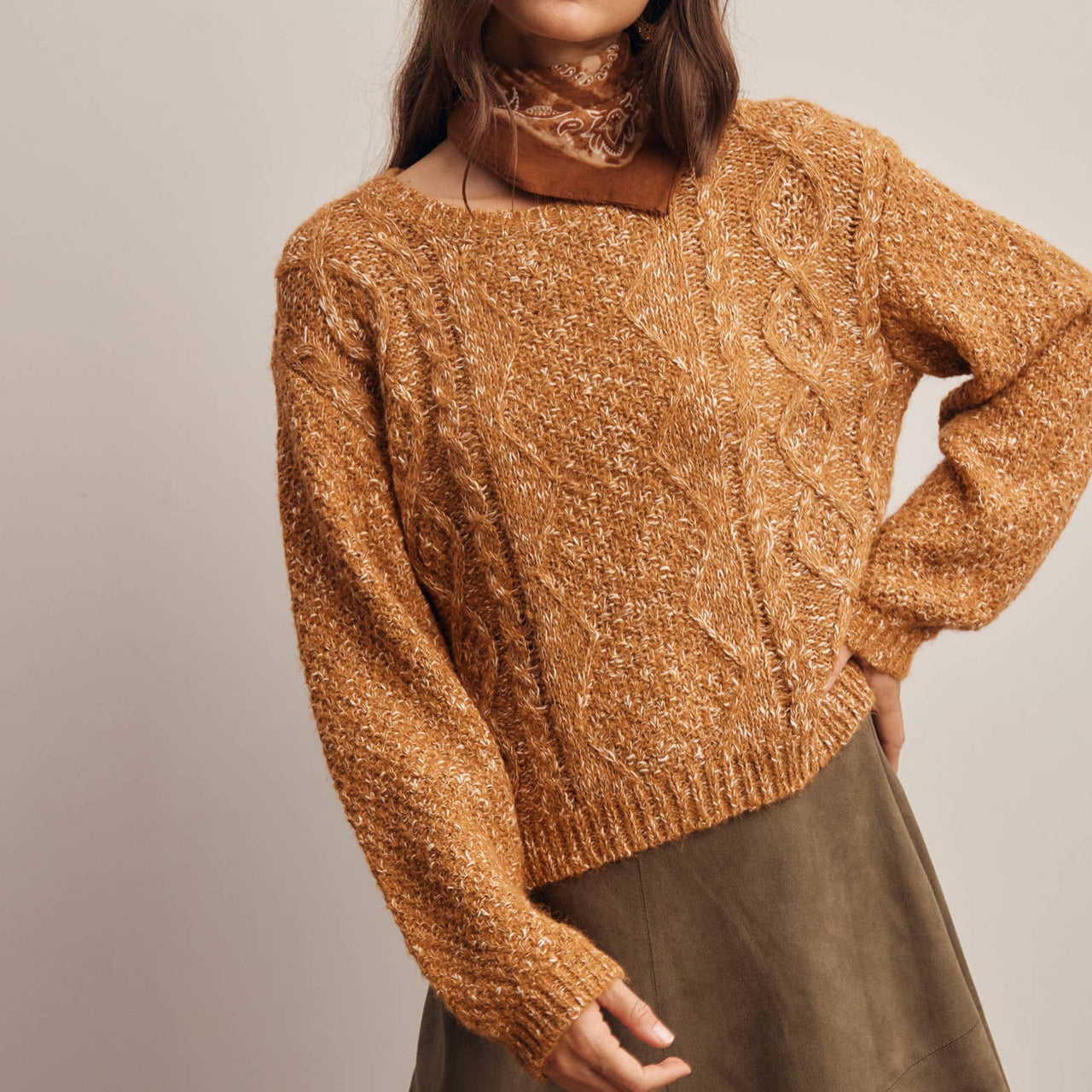 Marled Cable Knit Sweater -  Pumpkin
