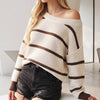 Slouchy One Shoulder Off Stripe Oversized Knit Sweater - Camel