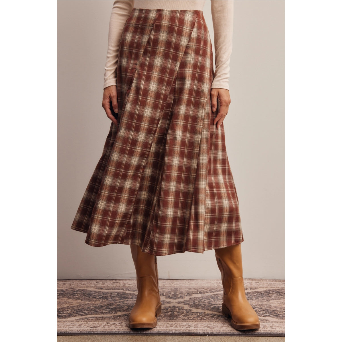 Plaid Midi Skirt - Marsala Ivory