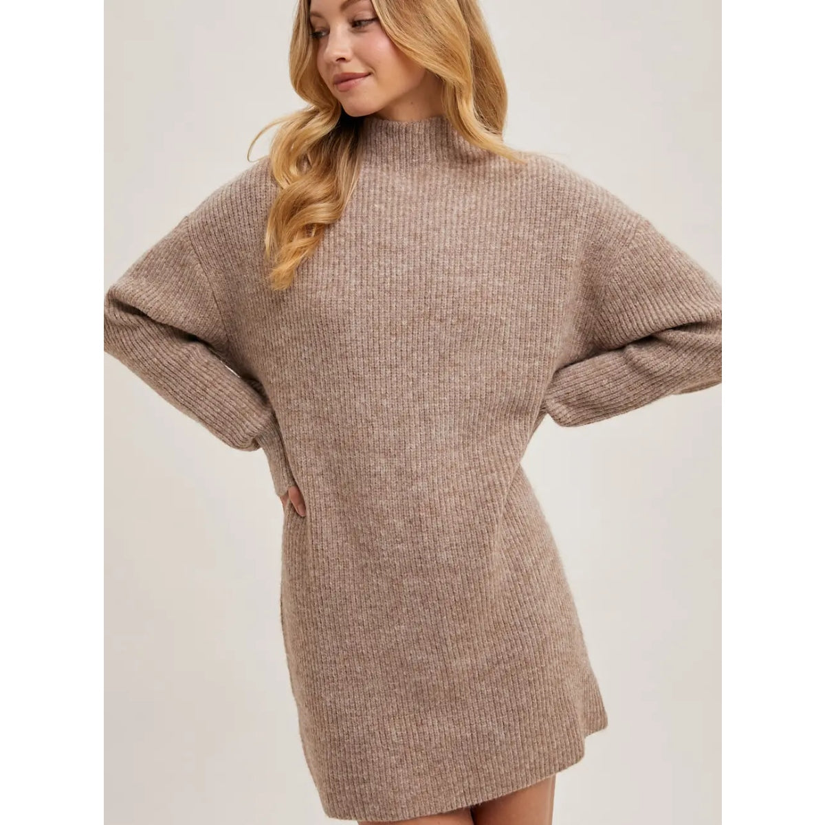 Mock Neck Knit Sweater Mini Dress - Latte