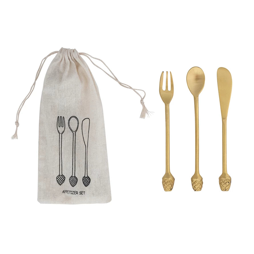 Brass Appetizer Set with Pinecone Handle - Set of 3