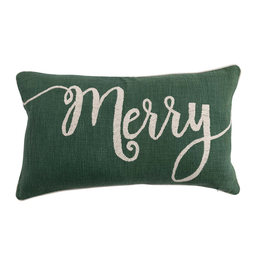 Cotton Slub Lumbar Pillow with Embroidered "Merry" - Green & Natural