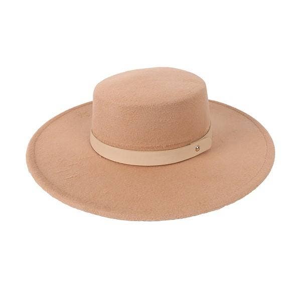 Boater Flat Top Wide Brim Hat - Vegan Leather Band-Tan