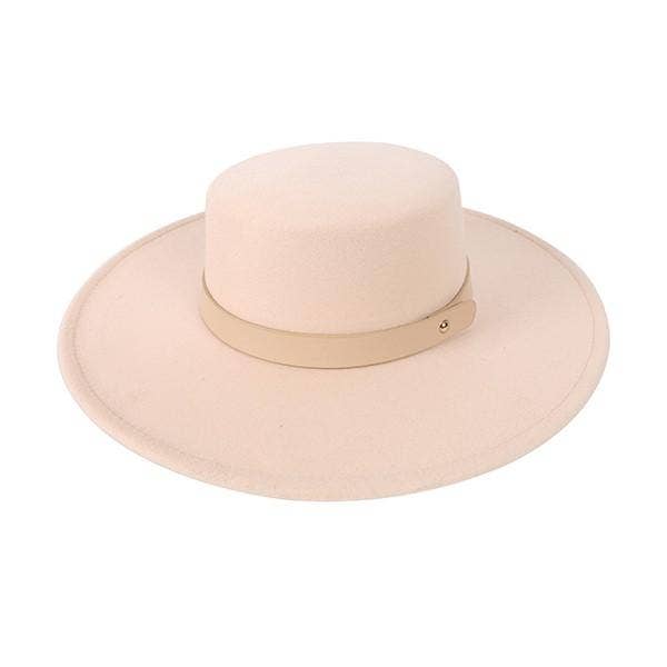 Boater Flat Top Wide Brim Hat - Vegan Leather Band- Ivory