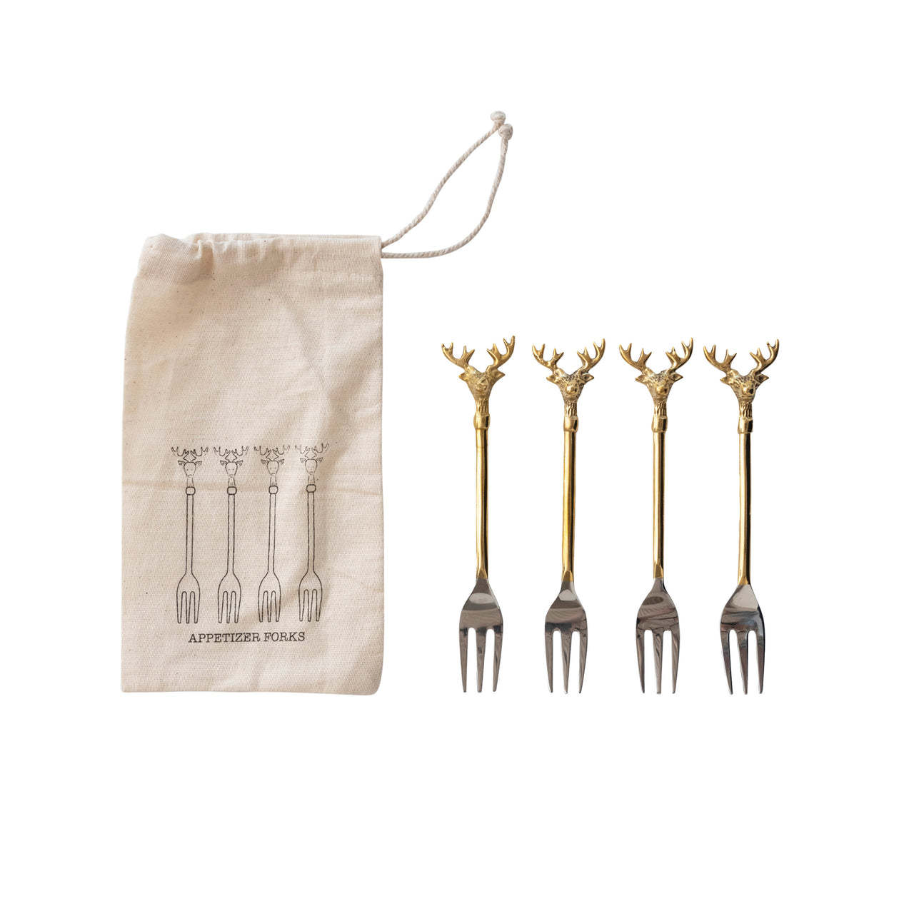 Stainless Steel and Brass Reindeer Forks, Set of 4