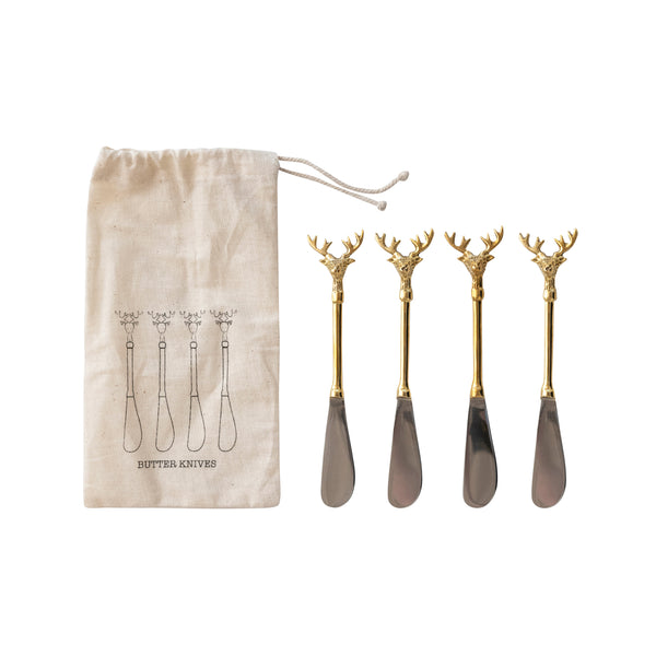 Stainless Steel and Brass Canape Reindeer Knives, Set of 4