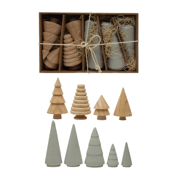 Pine Wood and Stoneware Trees- Set of 9
