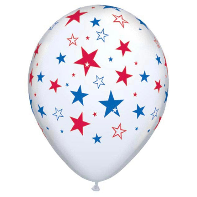 11" Red and Blue stars on White latex balloon
