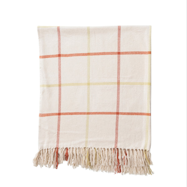 Cotton Throw with Grid Pattern and Fringe