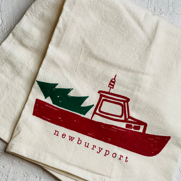 Newburyport Christmas Lobster Boat Tea Towel