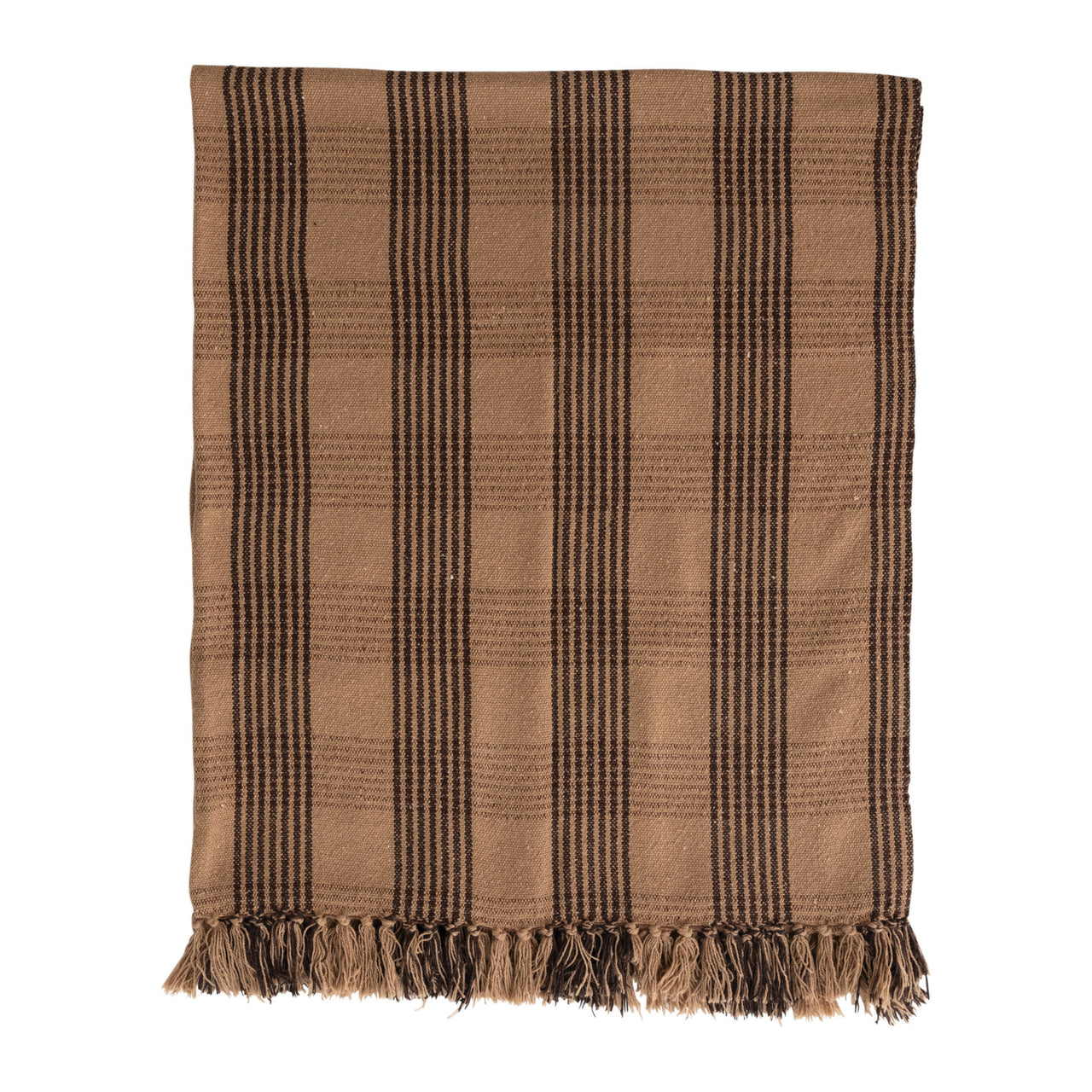 Woven Recycled Cotton Blend Plaid Throw with Fringe, Brown and Tan