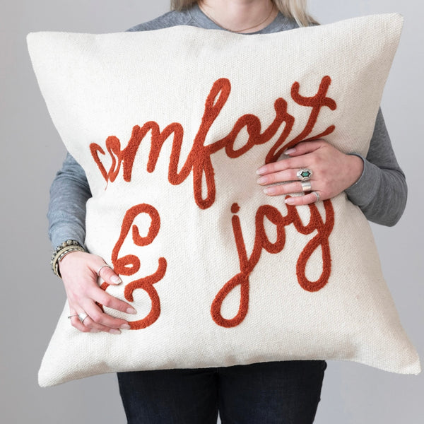 Cotton Pillow with Embroidery "Comfort & Joy"